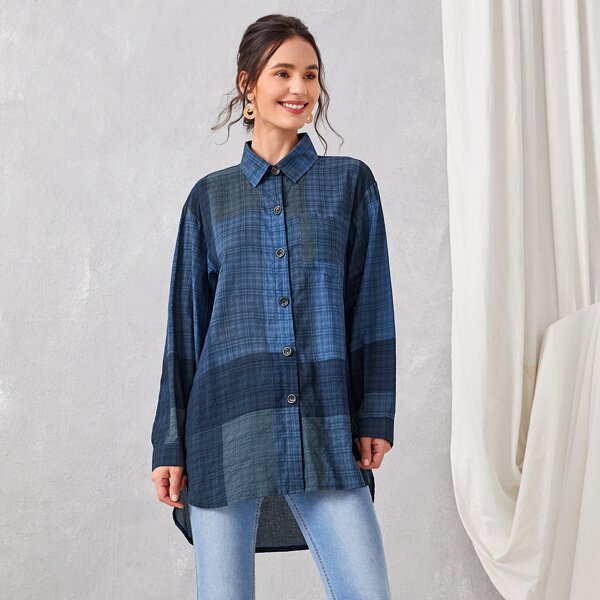 

Plaid High Low Tunic Blouse, Blue