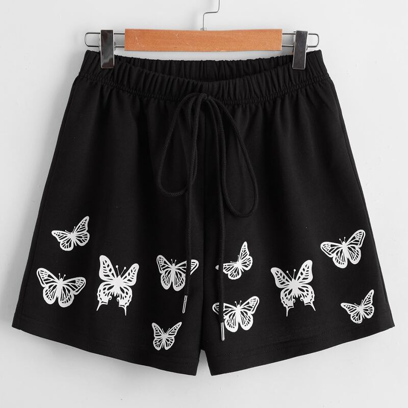 

Butterfly Print Tie Front Shorts, Black
