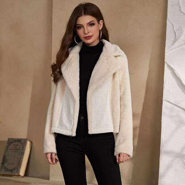 

Lapel Collar Spliced Teddy Jacket, Beige