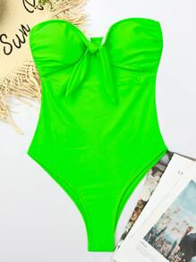 Neon Green Cut-Out Bandeau One Piece Swimsuit, For Summer Beach Vacation - Green - View 3