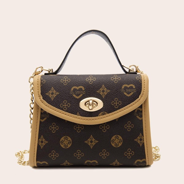 

Turn-Lock Graphic Chain Satchel Bag, Coffee brown