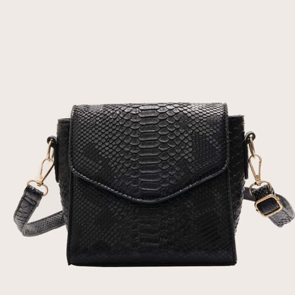 

Snakeskin Print Flap Crossbody Bag, Black