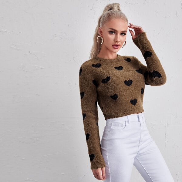 

Heart Pattern Fuzzy Crop Sweater, Mocha brown