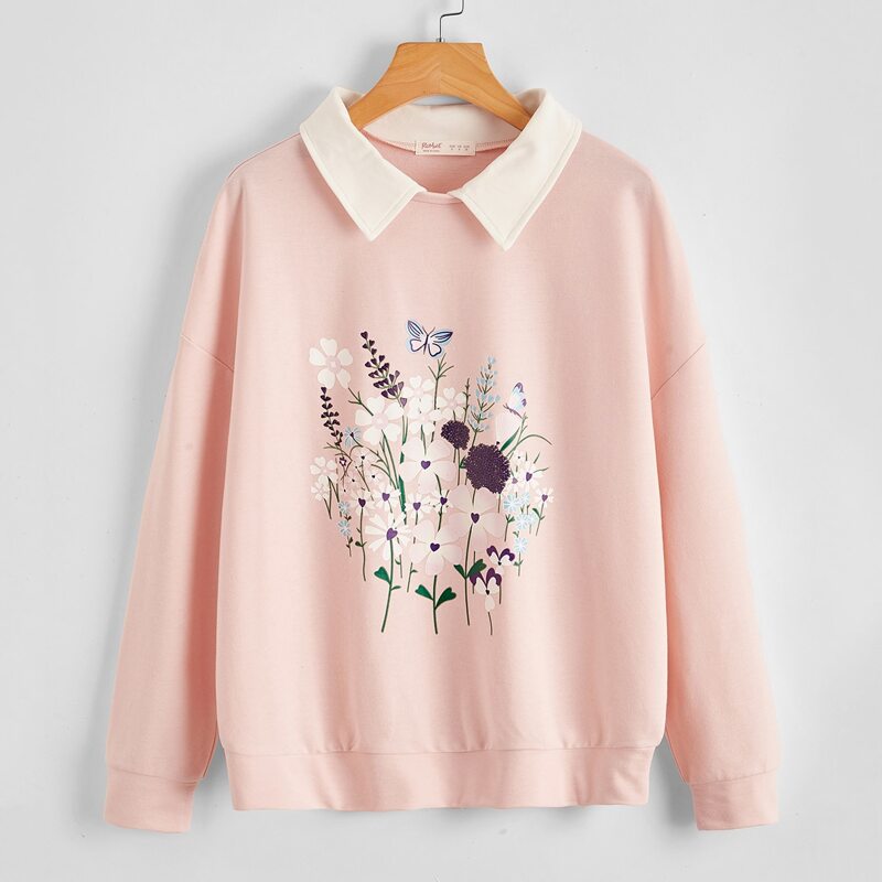 

Butterfly & Flower Graphic Contrast Collar Sweatshirt, Baby pink