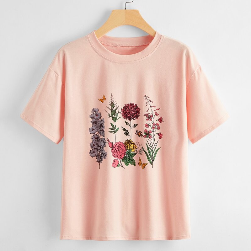 

Butterfly & Flower Graphic Drop Shoulder Tee, Baby pink