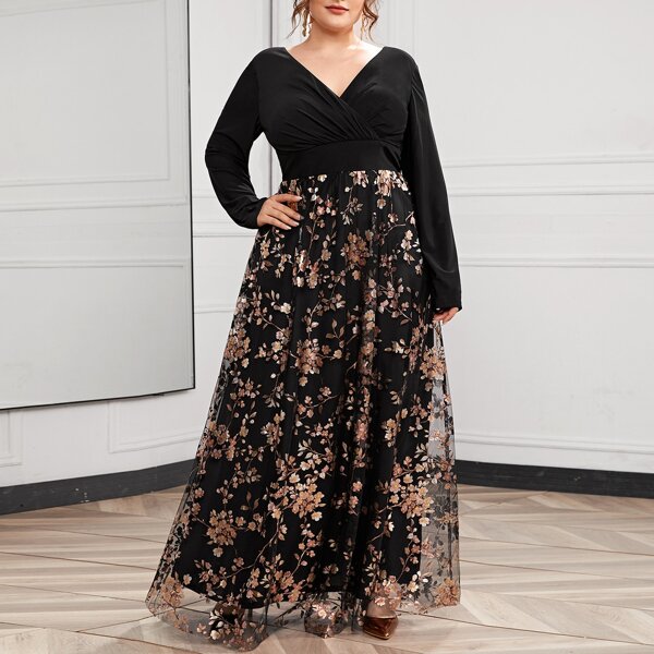 

Plus Contrast Floral Embroidery Mesh Surplice Neck Prom Dress, Black