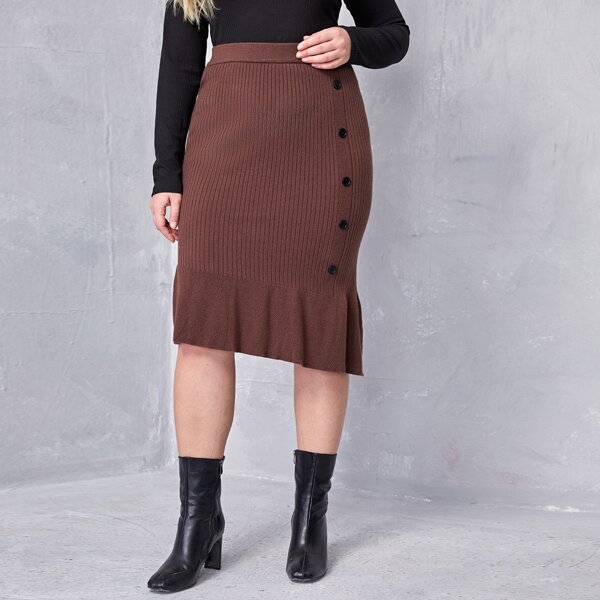 

Plus Single Breasted Ruffle Hem Knit Skirt, Coffee brown