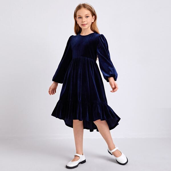 

Girls Lantern Sleeve High-low Ruffle Hem Velvet Dress, Navy blue