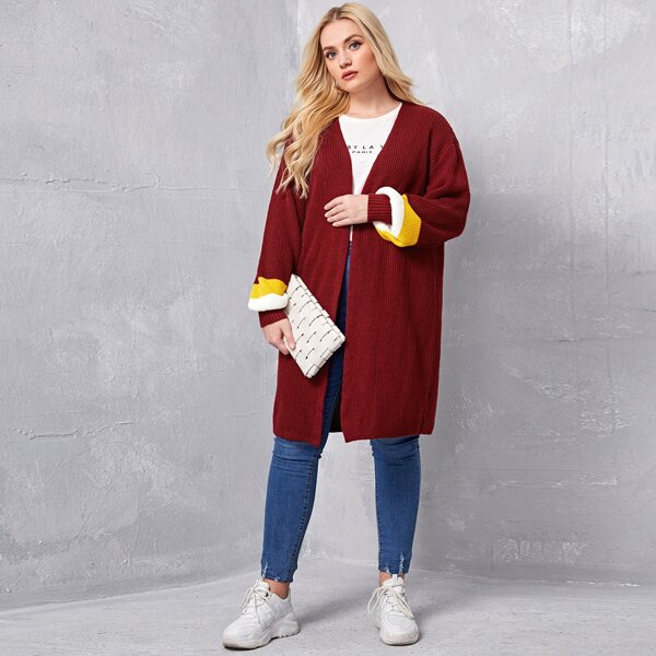 

Plus Drop Shoulder Colorblock Cardigan, Burgundy