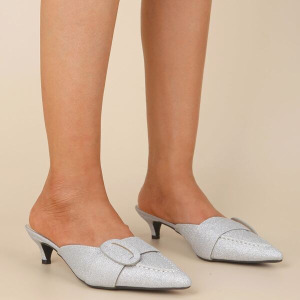 

Buckle & Glitter Decor Kitten Heeled Mules, Silver