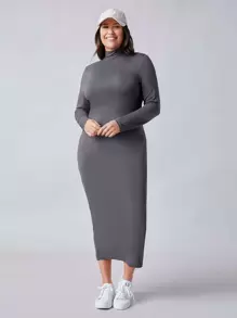 SHEIN BASICS Plus High Neck Bodycon Dress - Dark Grey - View 1