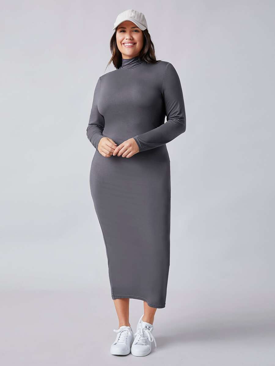 SHEIN BASICS Plus High Neck Bodycon Dress - Dark Grey - View 1
