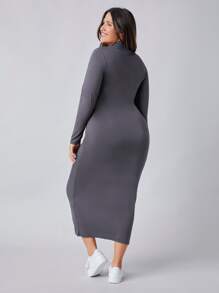 SHEIN BASICS Plus High Neck Bodycon Dress - Dark Grey - View 2