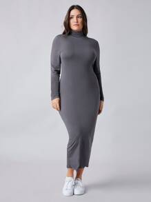 SHEIN BASICS Plus High Neck Bodycon Dress - Dark Grey - View 4