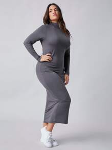 SHEIN BASICS Plus High Neck Bodycon Dress - Dark Grey - View 5