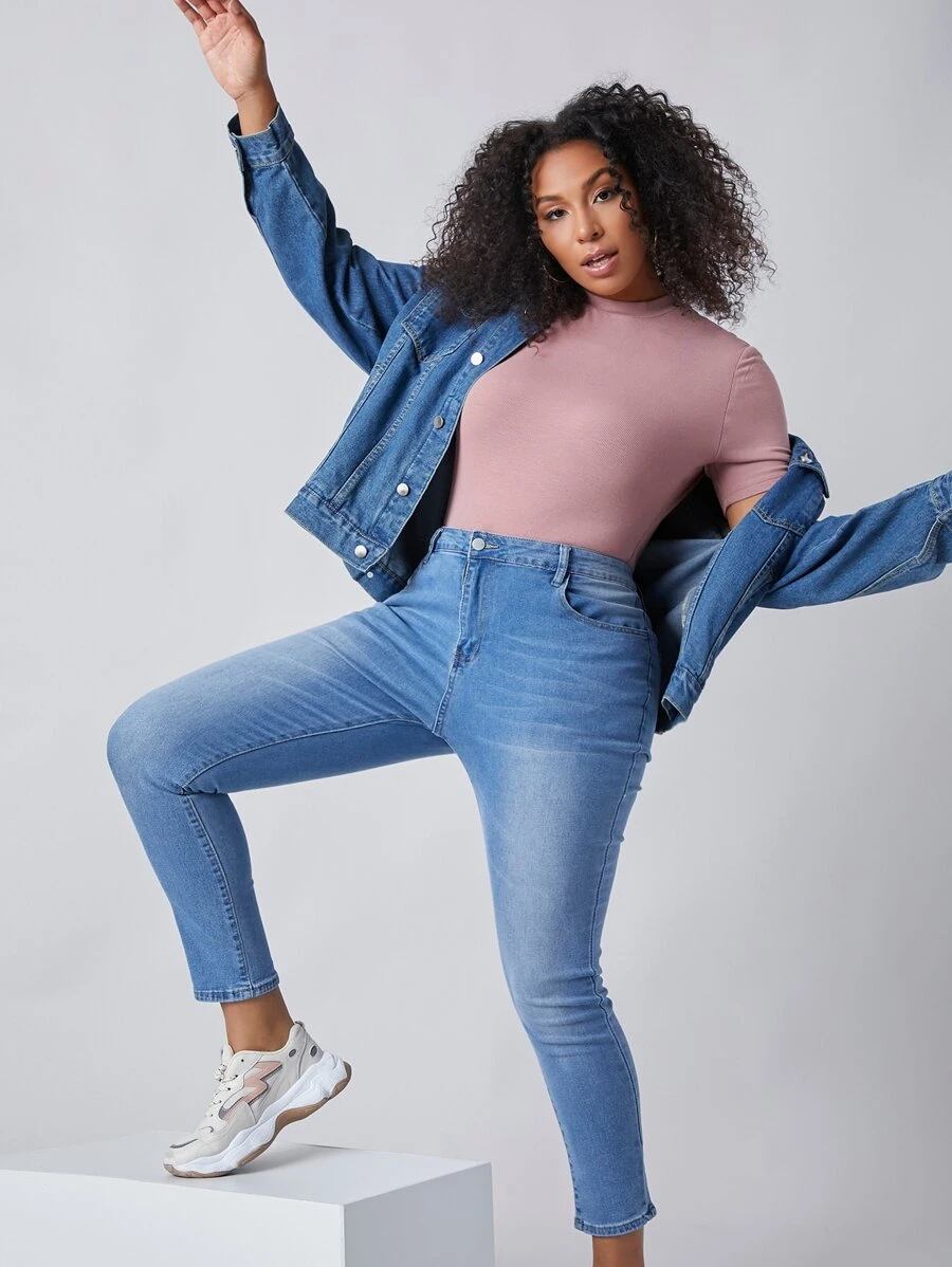 SHEIN BASICS Plus Solid Fitted Tee - Dusty Pink - View 1