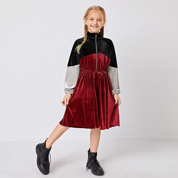

Girls Zipper Placket Front Knot Waist Raglan Sleeve Colorblock Velvet Dress, Burgundy