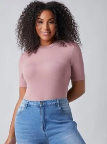 SHEIN BASICS Plus Solid Fitted Tee - Dusty Pink - View 4