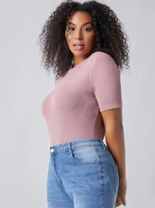 SHEIN BASICS Plus Solid Fitted Tee - Dusty Pink - View 5