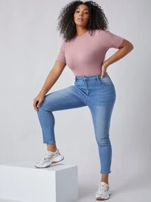 SHEIN BASICS Plus Solid Fitted Tee - Dusty Pink - View 6