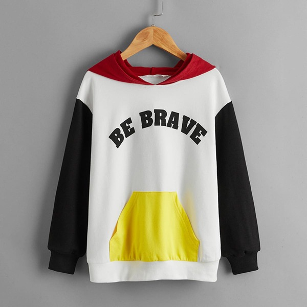 

Boys Slogan Graphic Drop Shoulder Colorblock Hoodie, White