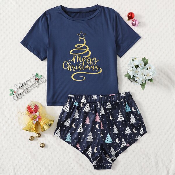 

Christmas & Slogan Graphic PJ Set, Navy blue