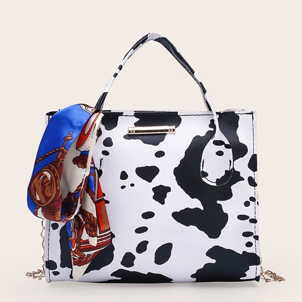 

Twilly Scarf Decor Cow Pattern Satchel Bag, Black and white
