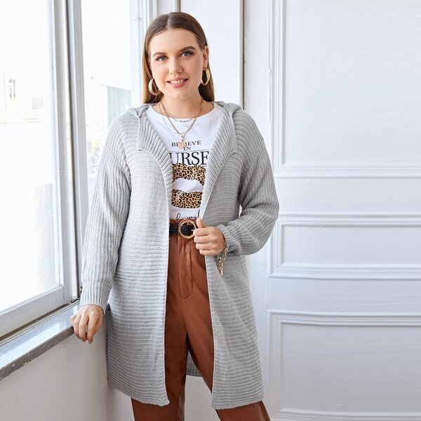 

Plus Open Front Hooded Cardigan, Light grey