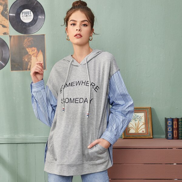 

Letter Graphic Contrast Striped Mixed Media Hoodie, Grey