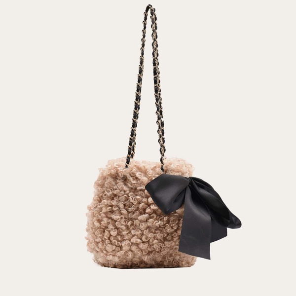 

Bow Decor Faux Fur Bucket Bag, Khaki