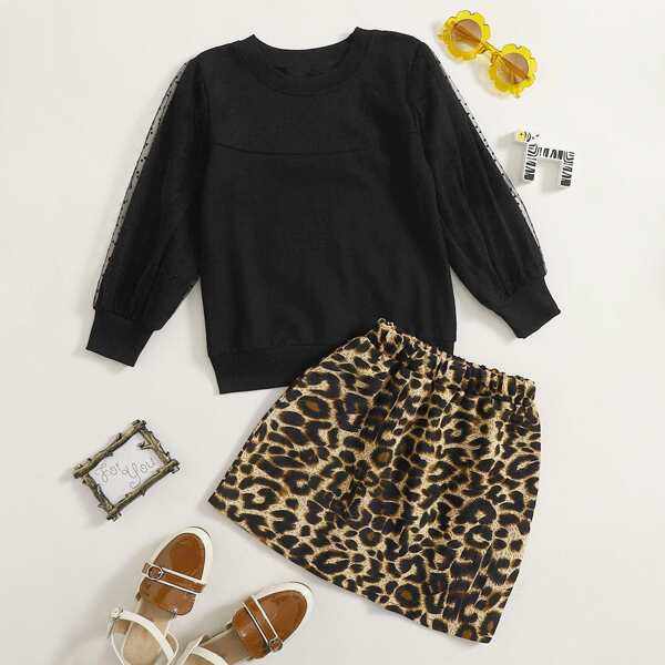 

Toddler Girls Contrast Dobby Mesh Sweatshirt & Leopard Skirt, Multicolor
