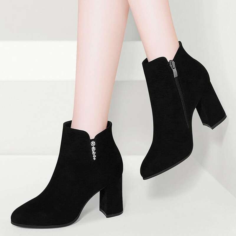

Rhinestone Chunky Heeled Ankle Boots, Black