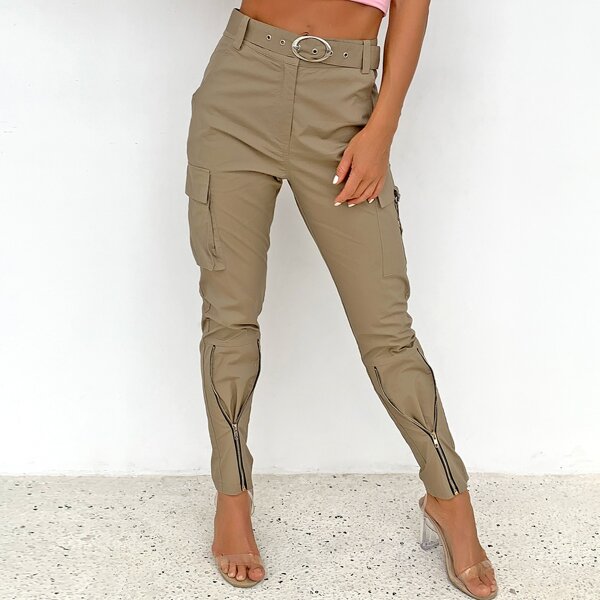 

Buckle Belted Zip Detail Cargo Pants, Khaki