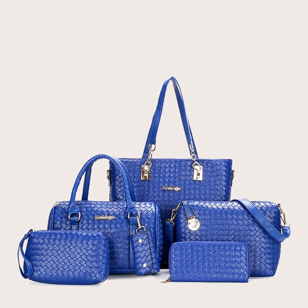 

6pcs Woven Pattern Tote Bag Set, Blue
