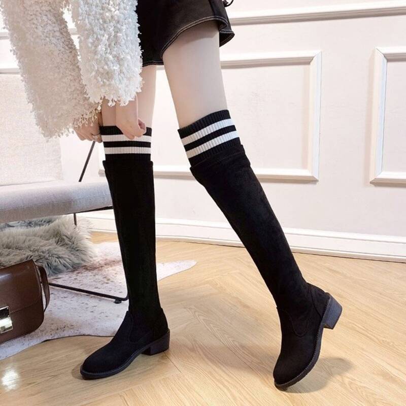 

Striped Over The Knee Sock Boots, Black