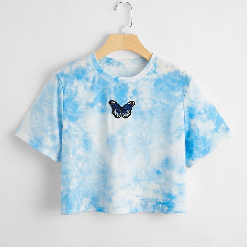 

Butterfly Embroidery Tie Dye Crop Tee, Blue and white