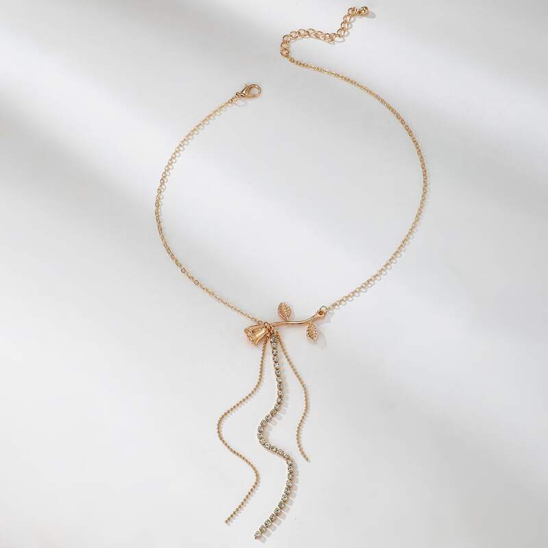 

Rose & Rhinestone Tassel Choker, Gold