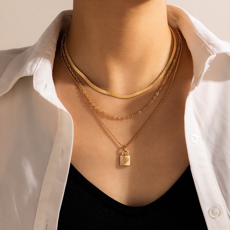 

Lock Layered Necklace, Gold