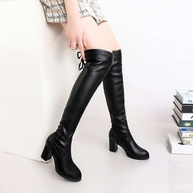 

Tie Back Over The Knee Chunky Heeled Boots, Black