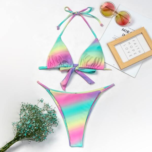 

Ombre Triangle Thong Bikini Swimsuit, Multicolor