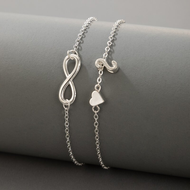 

2pcs Letter & Heart Chain Anklet, Silver