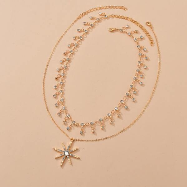 

2pcs Rhinestone Star Charm Necklace, Gold