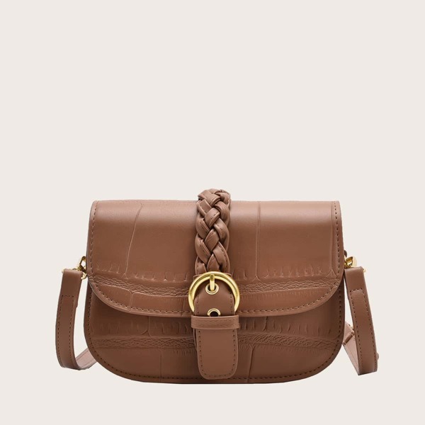 

Braided Buckle Decor Flap Crossbody Bag, Brown