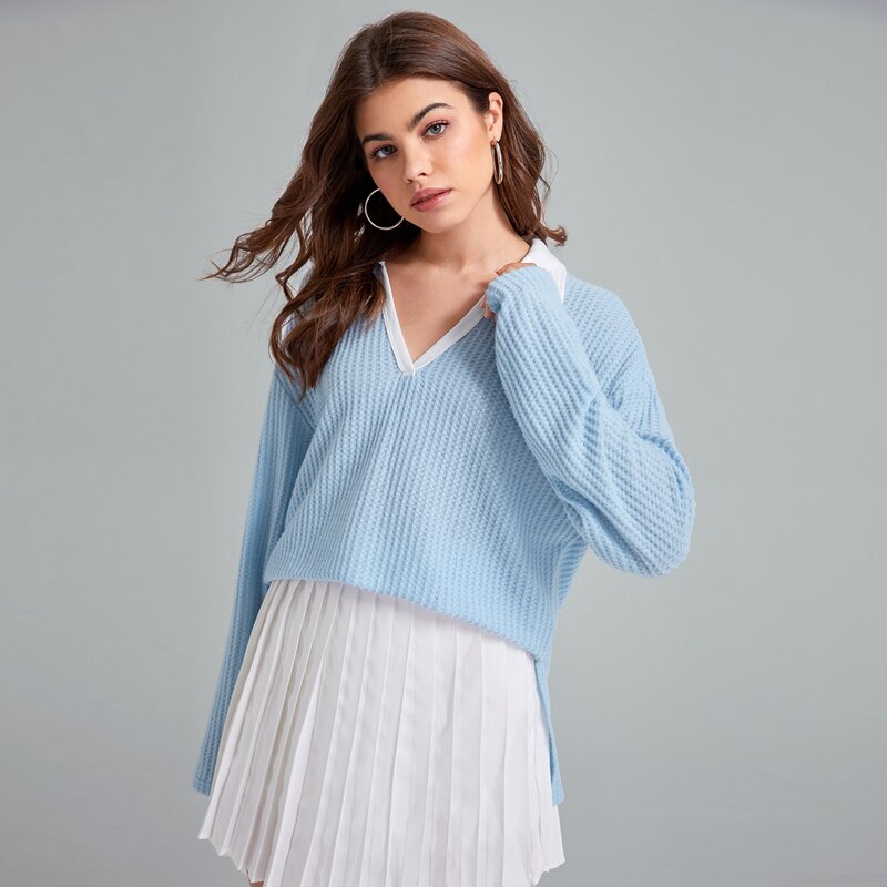 

Contrast Collar Drop Shoulder Sweater, Baby blue