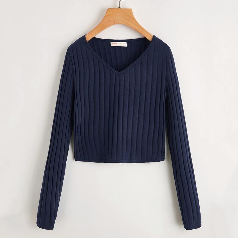 

Solid Ribbed Crop Tee, Navy blue