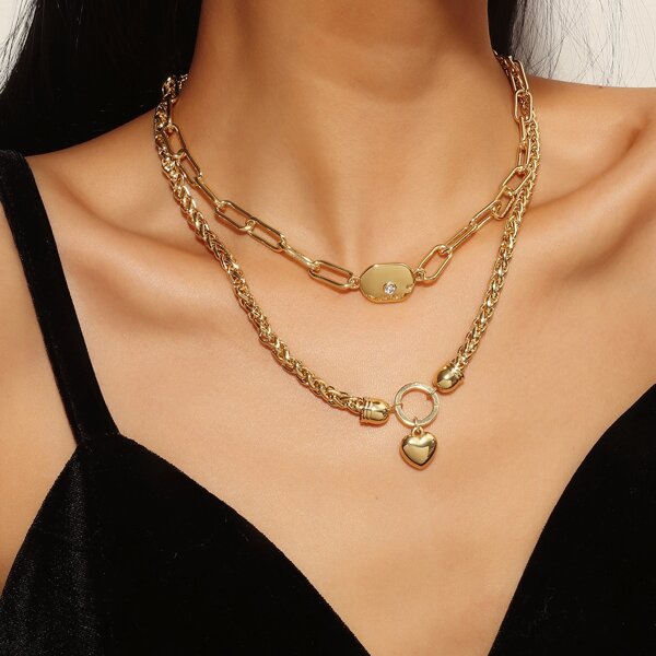 

2pcs Heart Charm Necklace, Gold