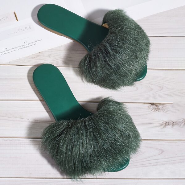 

Faux Fur Decor Slide Sandals, Dark green