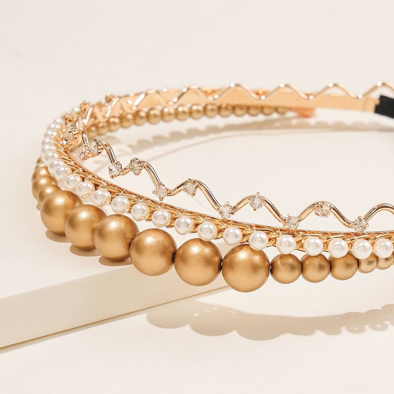

3pcs Faux Pearl & Rhinestone Hair Hoop, Multicolor