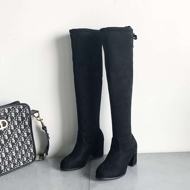 

Tie Back Over The Knee Chunky Heeled Boots, Black