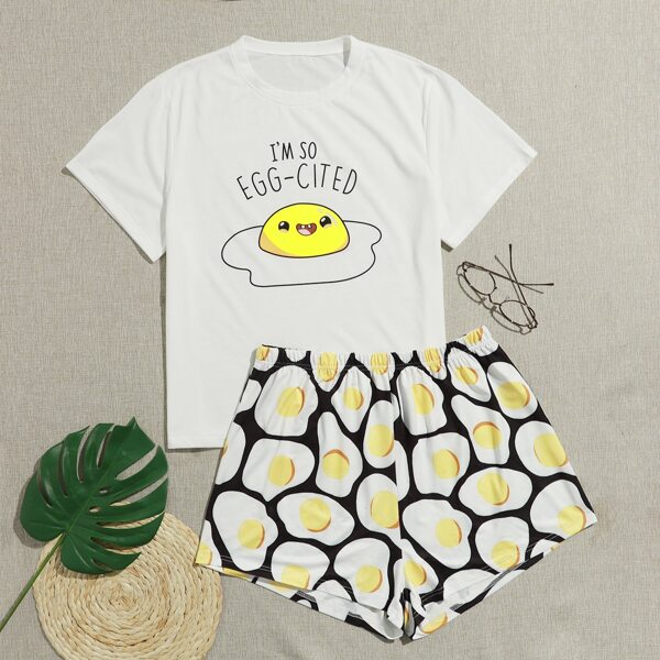 

Plus Slogan & Egg Print Pajama Set, Multicolor